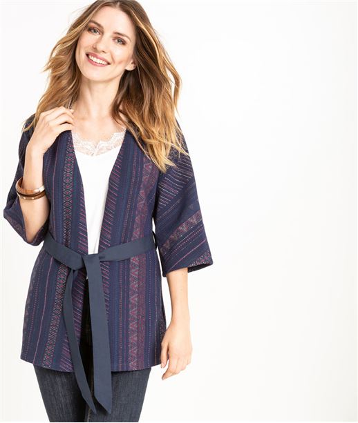 Veste femme esprit kimono en jacquard MARINE