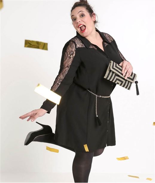 Robe femme chemise avec dentelle NOIR