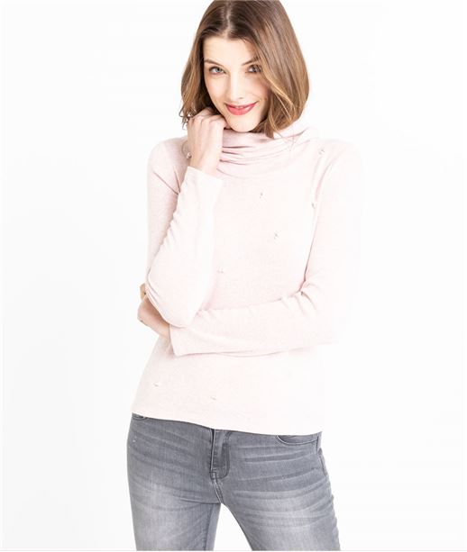 T-shirt femme manches et col roulé ROSE CLAIR