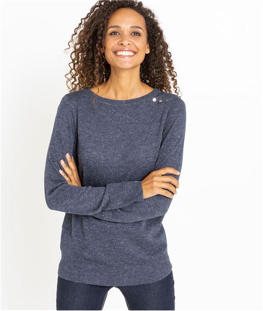 Pull femme col rond et boutons MARINE