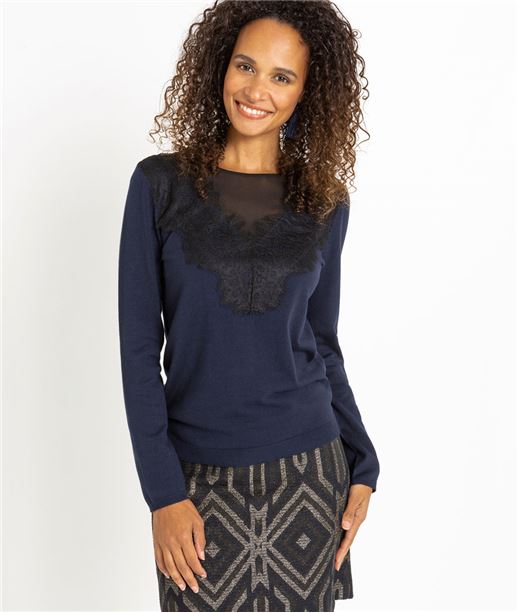 Pull femme marine avec dentelle noire MARINE