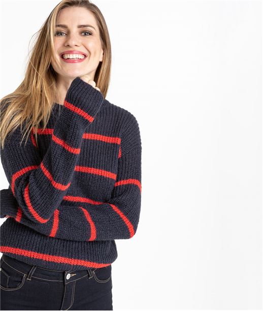 Pull femme rayé rouge et bleu avec noeud MARINE