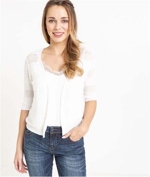 Gilet femme tricot ajouré BLANC