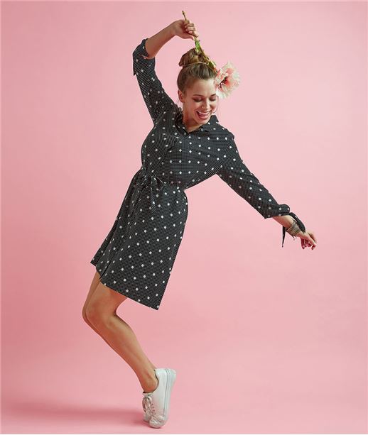 Robe femme chemise imprimé pois NOIR