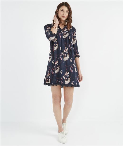 Robe femme imprimée fluide et broderies BLEU