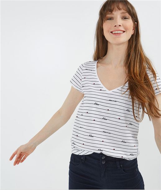 T-shirt femme rayé col V BLANC