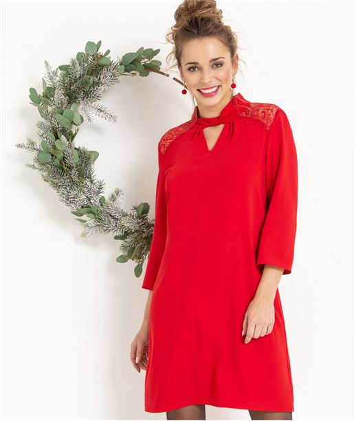 Robe femme rouge habillée avec dentelle ROUGE