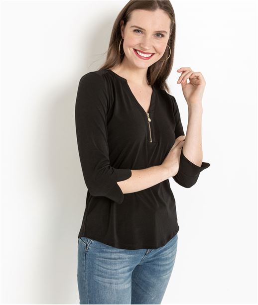T-shirt femme décolleté V zippé noir NOIR