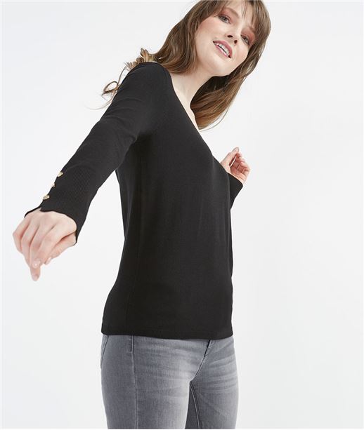 Pull femme basique avec boutons manches NOIR
