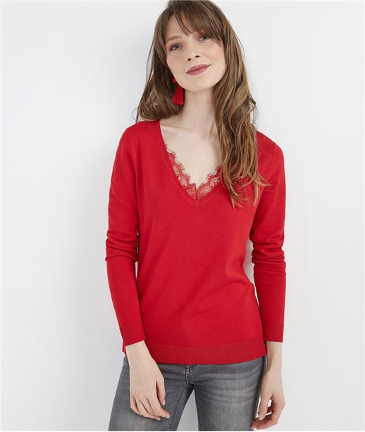 Pull avec col dentelle ROUGE