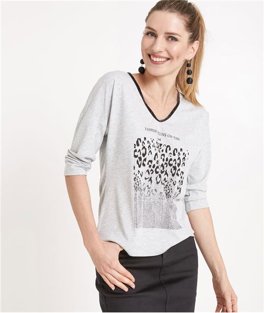 T-shirt femme gris avec motif léopard GRIS
