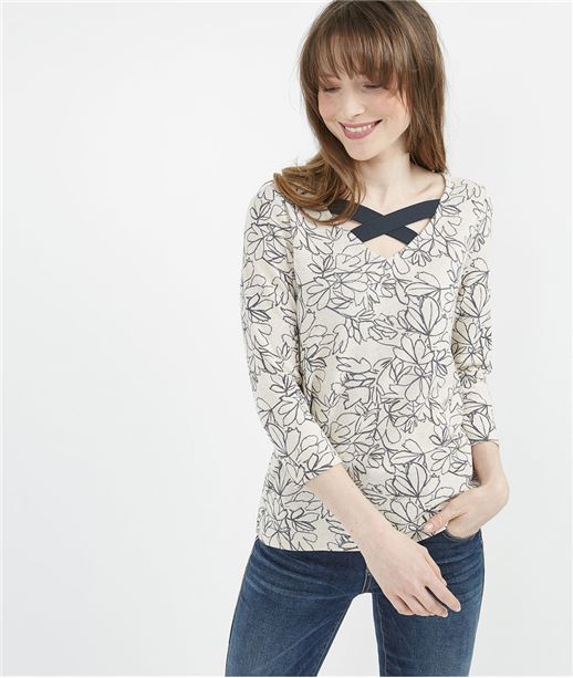 T-shirt imprimé fleurs col croisé BEIGE