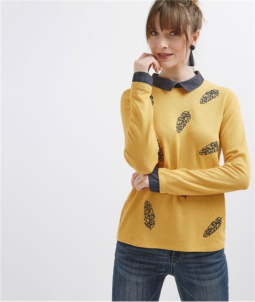 T-shirt femme col chemise motif plumes SAFRAN