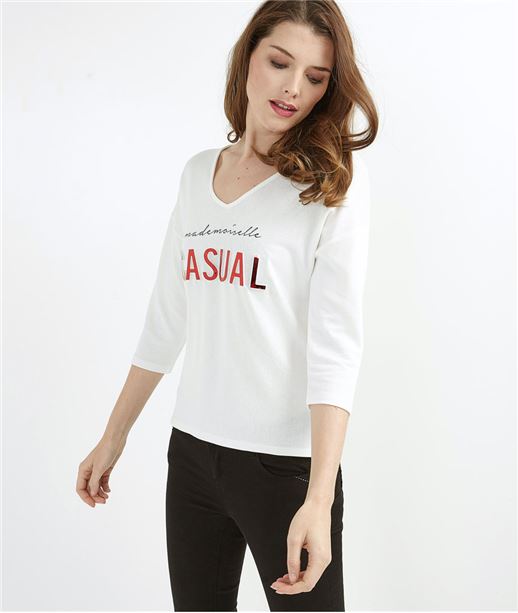 T-shirt femme manches 3/4 à message ECRU
