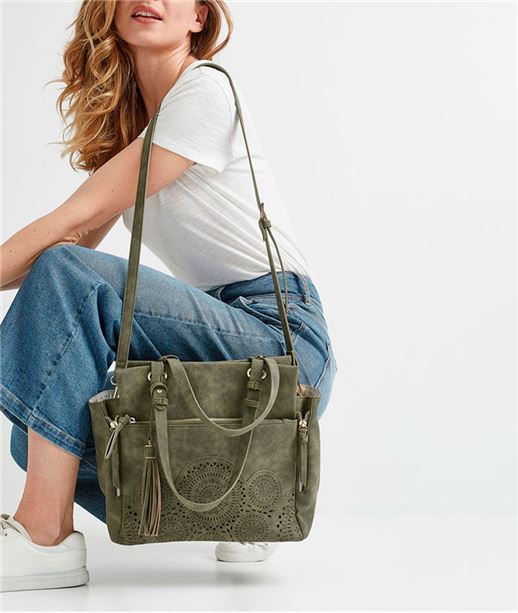 Sac femme avec zips et motifs perforés KAKI