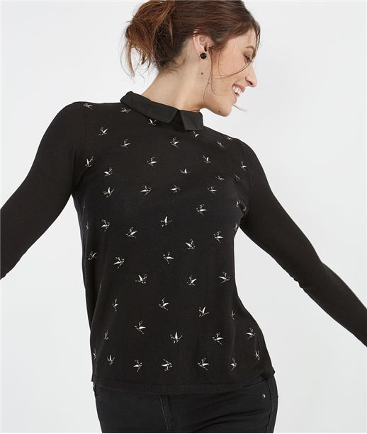 Pull femme bi-matières plissé dos NOIR