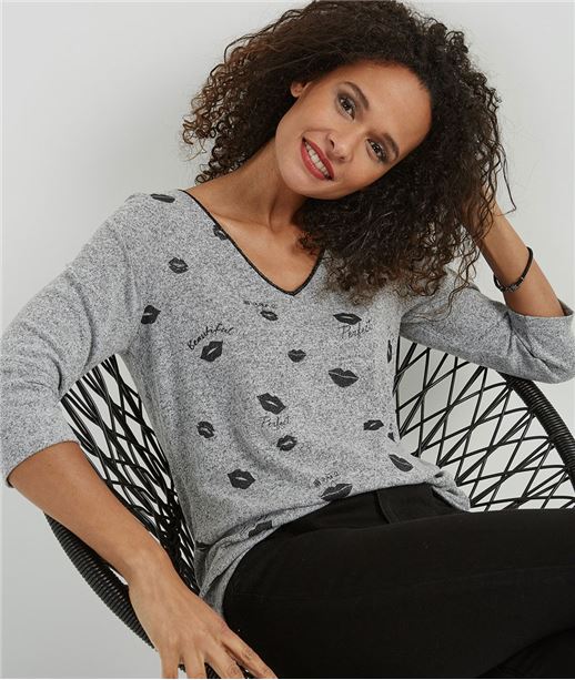 T-shirt imprimé bisous avec dentelle GRIS