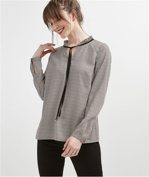 Blouse femme pied de coq avec laçage IMPRIME