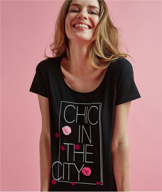 T-shirt femme imprimé avec pompons NOIR