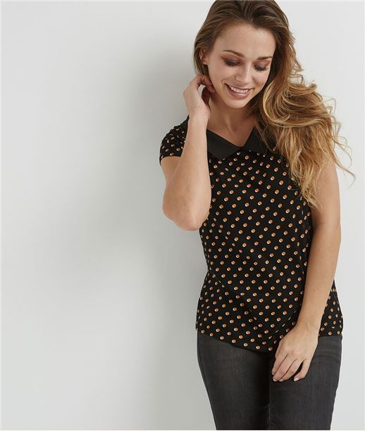 T-shirt femme à pois et col chemise NOIR