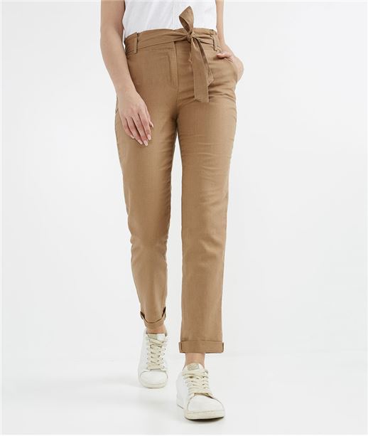 Chino femme en lin de couleur TABAC