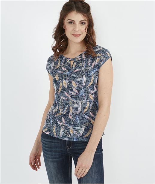 T-shirt femme imprimé plumes MARINE