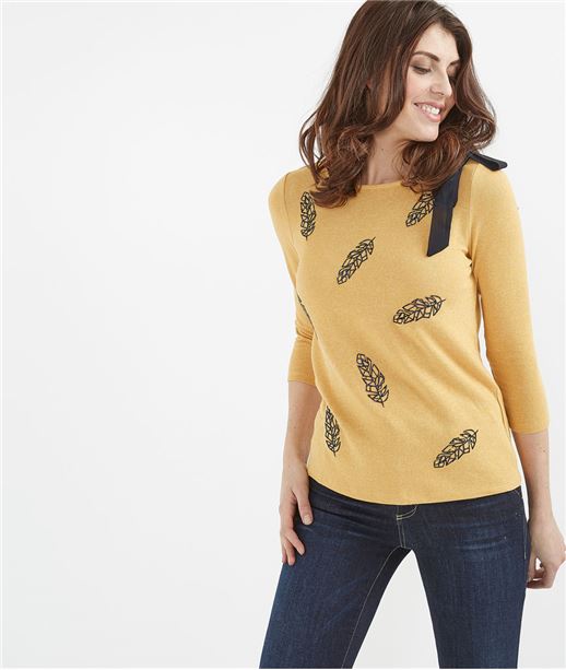 T-shirt femme imprimé plumes SAFRAN