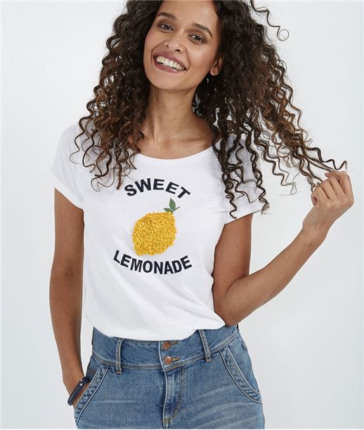 T-shirt femme avec citron en relief BLANC