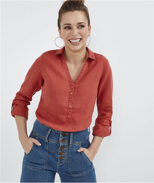Blouse 100% lin col chemise TERRACOTA