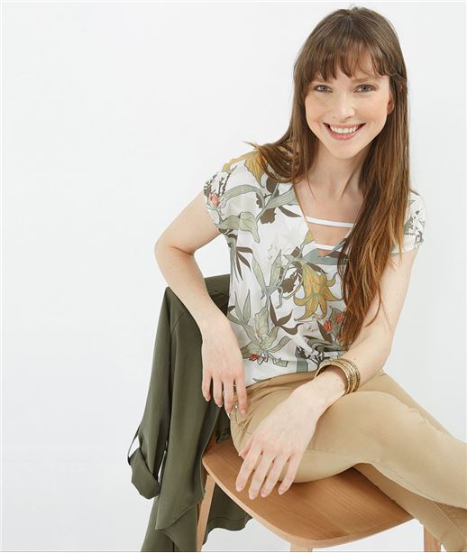 T-shirt bimatières imprimé ECRU