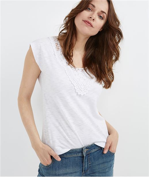 T-shirt femme avec col guipure BLANC