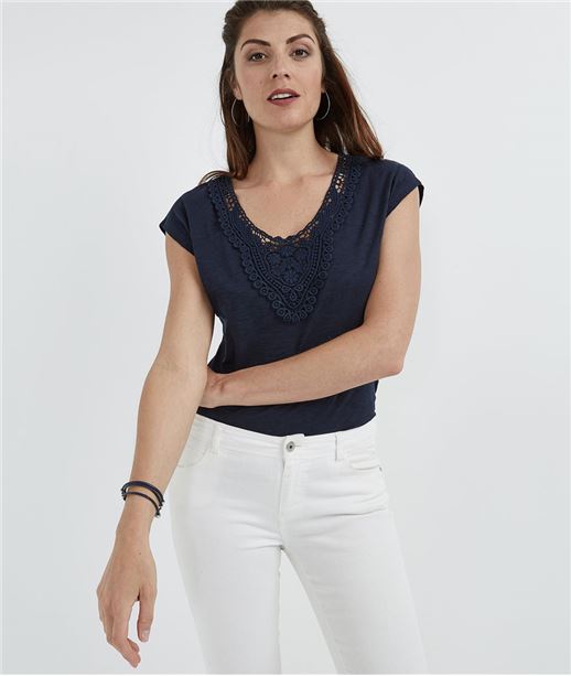 T-shirt femme avec col guipure MARINE