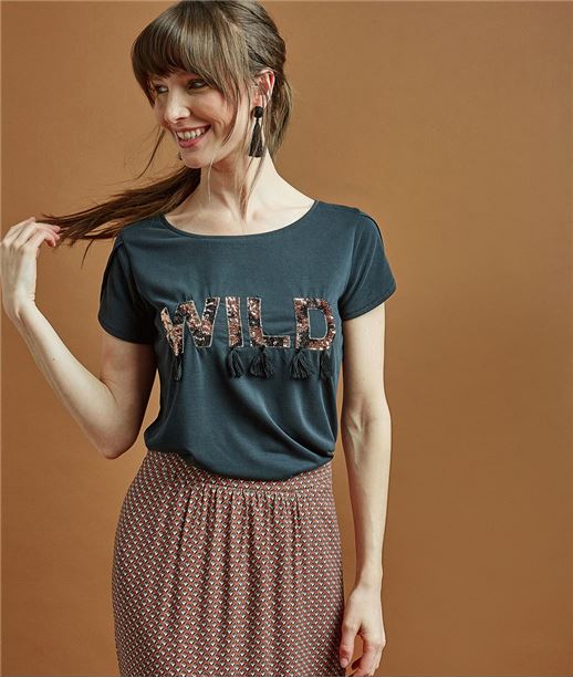 T-shirt à message et pompons GRIS