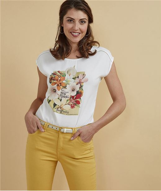 T-shirt femme imprimé tropical ECRU
