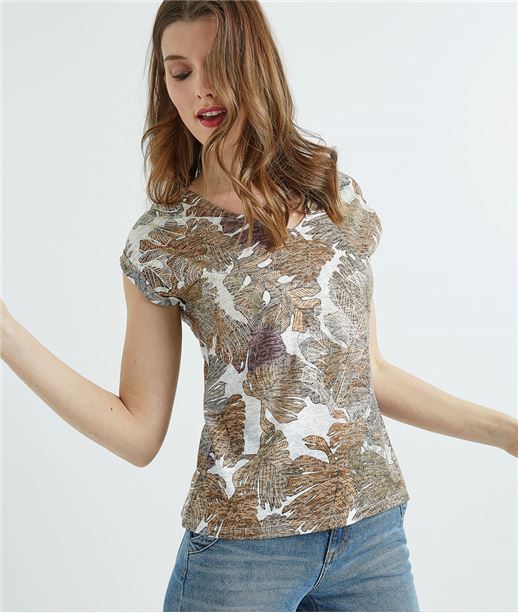 T-shirt femme imprimé feuillages ECRU