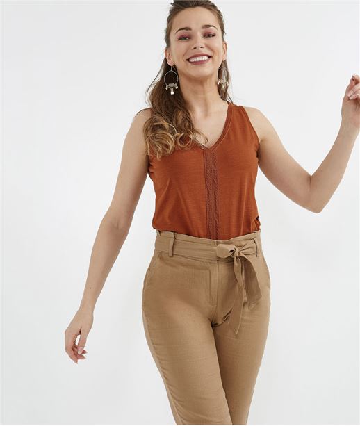 Débardeur en coton avec galons CARAMEL