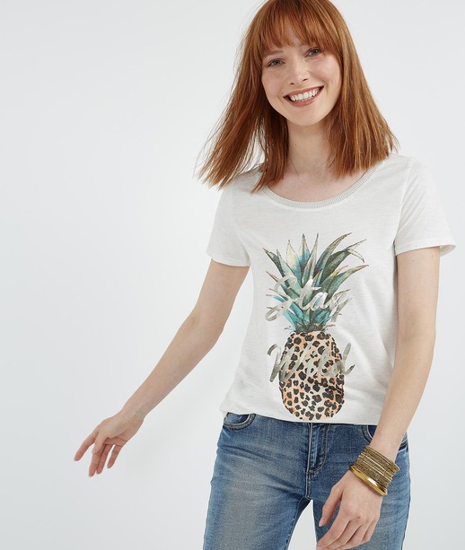 T-shirt imprimé ananas et panthère BLANC