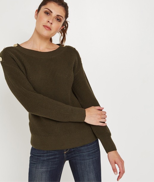 Pull uni 100% coton avec boutons KAKI