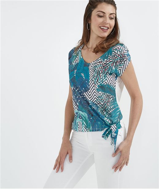 T-shirt femme imprimé feuillages BLEU