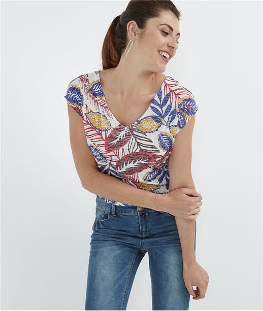 T-shirt imprimé feuillages colorés ECRU