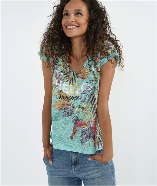 T-shirt turquoise imprimé feuillages TURQUOISE