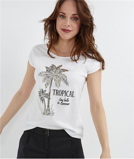 T-shirt femme blanc palmiers sequins BLANC