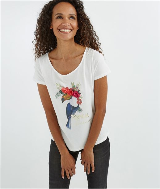 T-shirt blanc imprimé toucan et fleurs ECRU