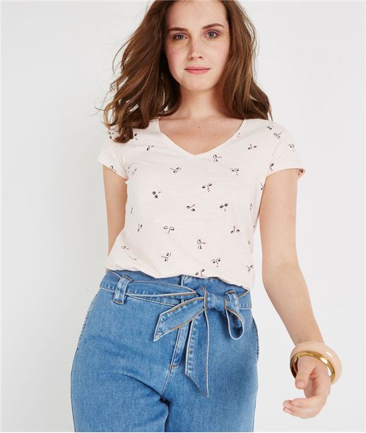 T-shirt basique col V imprimé ROSE