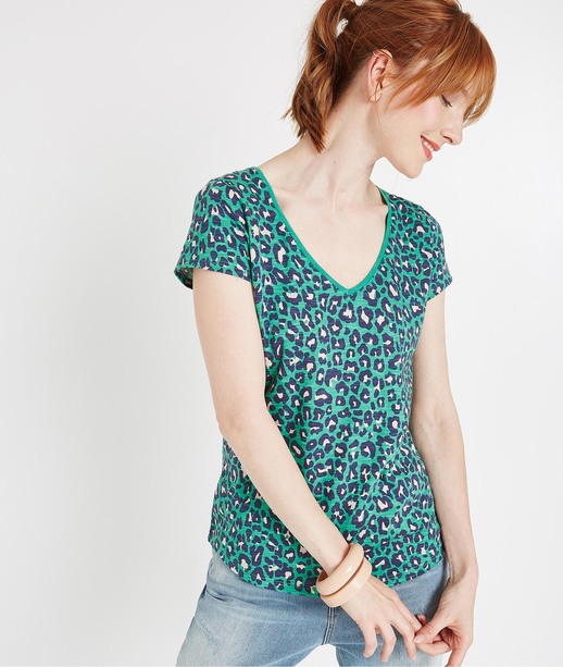 T-shirt basique col V imprimé VERT