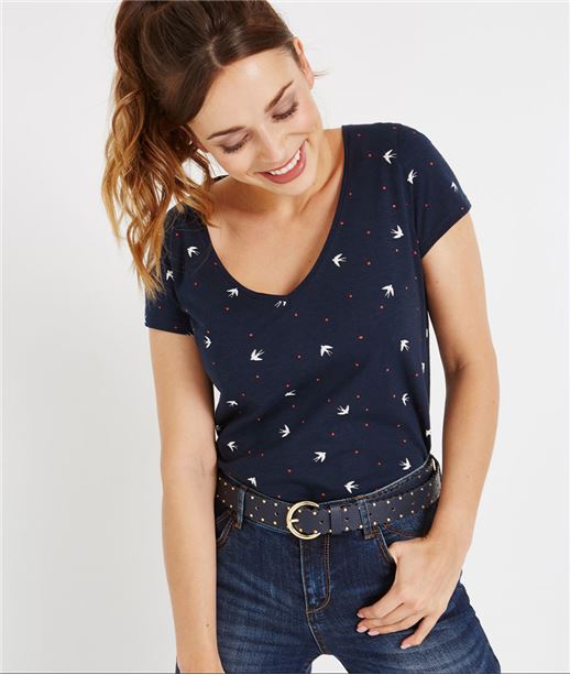 T-shirt basique col V imprimé MARINE