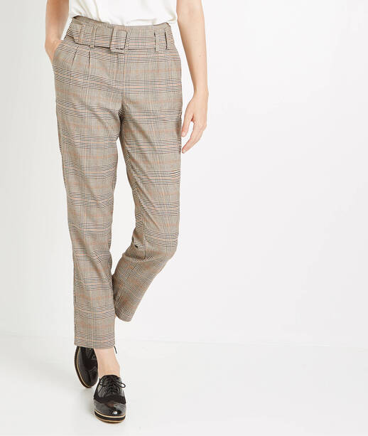 Pantalon taille haute à carreaux CARAMEL