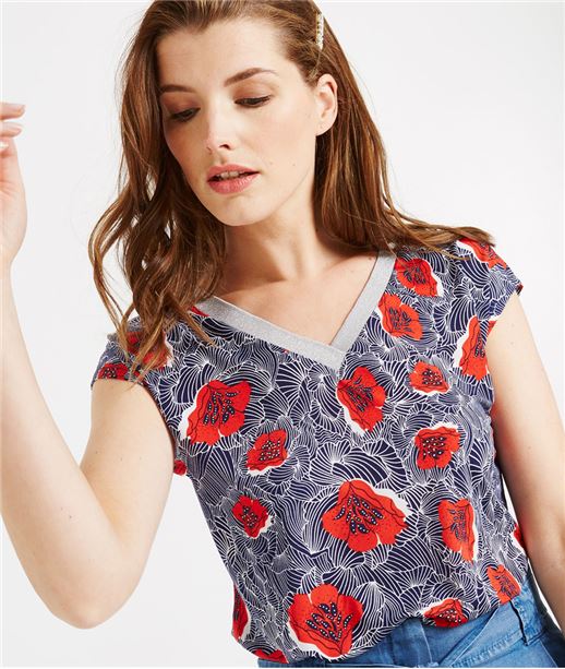 T-shirt marine imprimé fleurs rouges MARINE