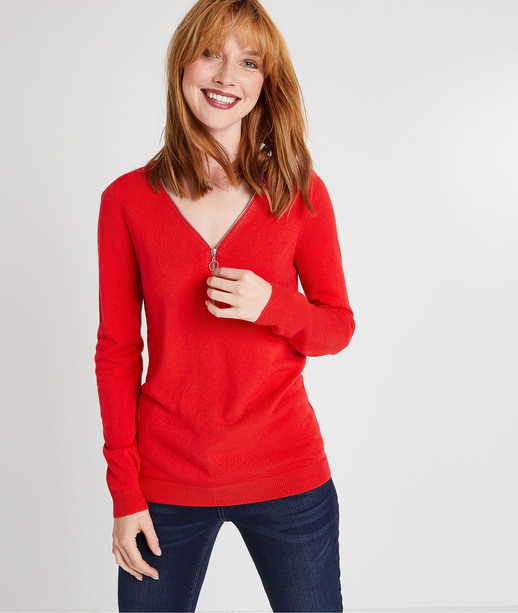 Pull doux décolleté zippé ROUGE