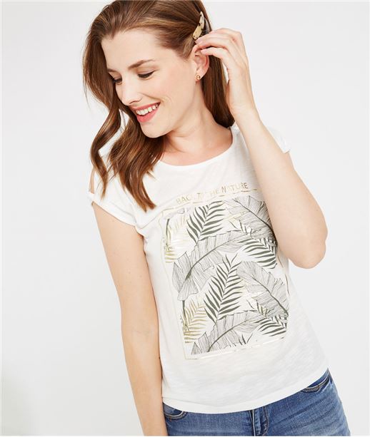 T-shirt blanc print feuillages ECRU